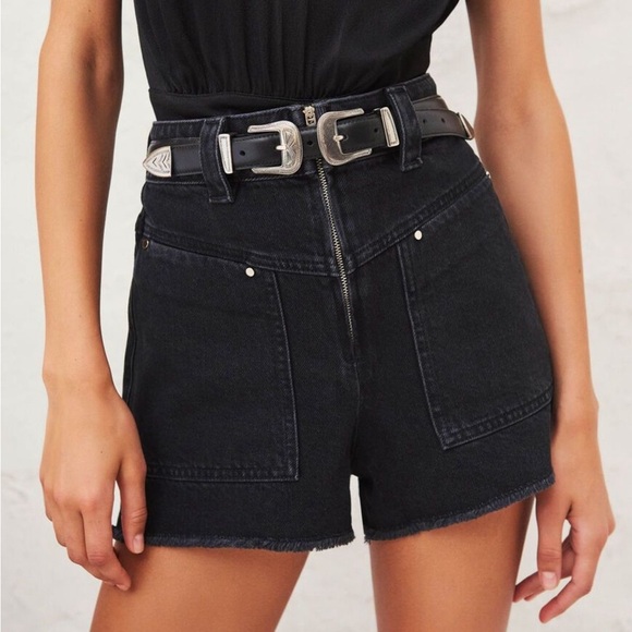 Ba&sh David black shorts open zip patch pockets denim cotton raw hem high rise 0 - Picture 1 of 13